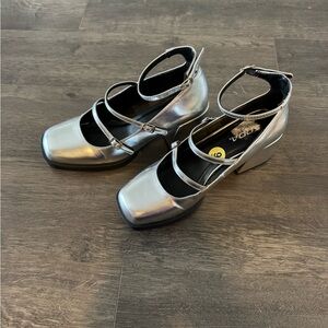 Soda Metallic Silver Strappy Block Heel Pumps